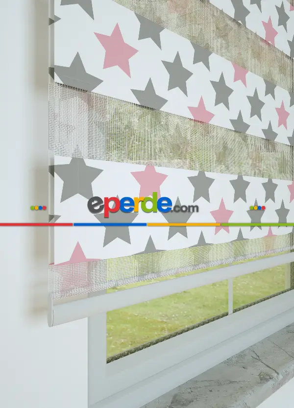 Pembe Gri Yıldız Desenli Baskılı Zebra Perde