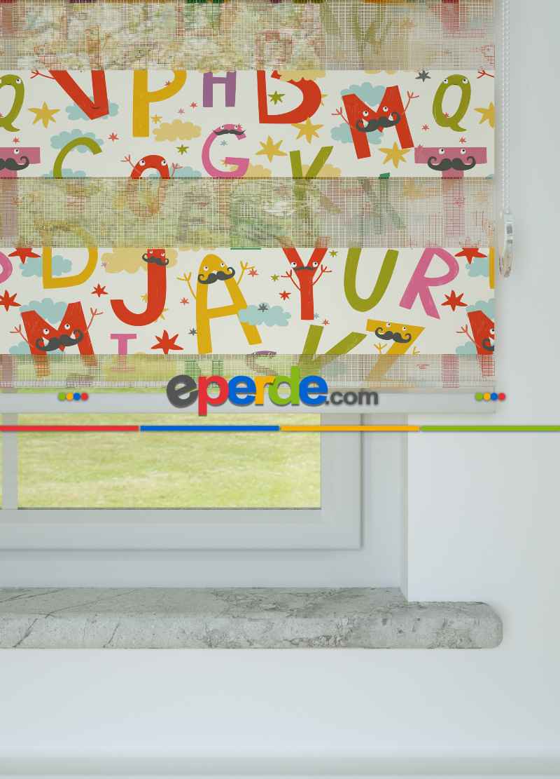 Çocuk Odası - Yeşil Kırmızı Harf Desenli Baskılı Zebra Perde