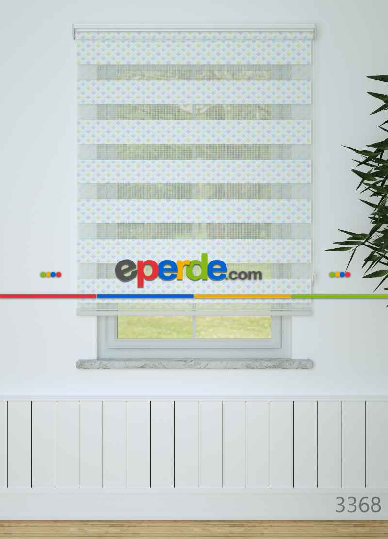 Bebek Odası - Lila Yeşil Minik Geometrik Desenli Baskılı Zebra Perde