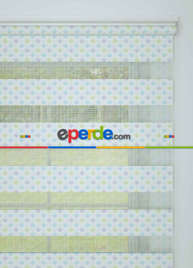 Bebek Odası - Lila Yeşil Minik Geometrik Desenli Baskılı Zebra Perde