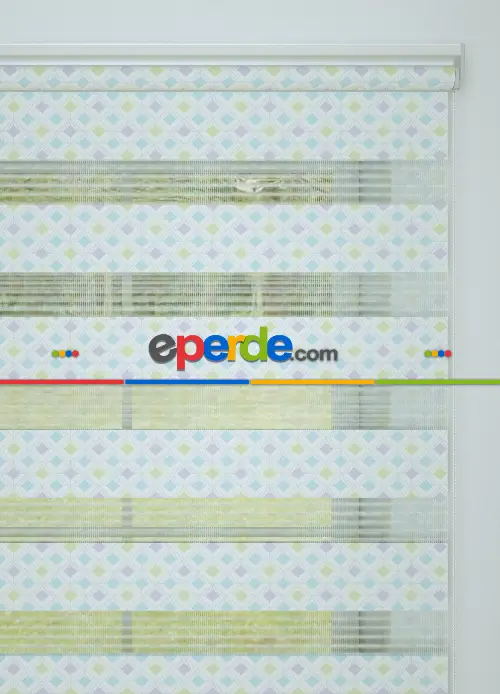 Lila Yeşil Minik Geometrik Desenli Baskılı Zebra Perde