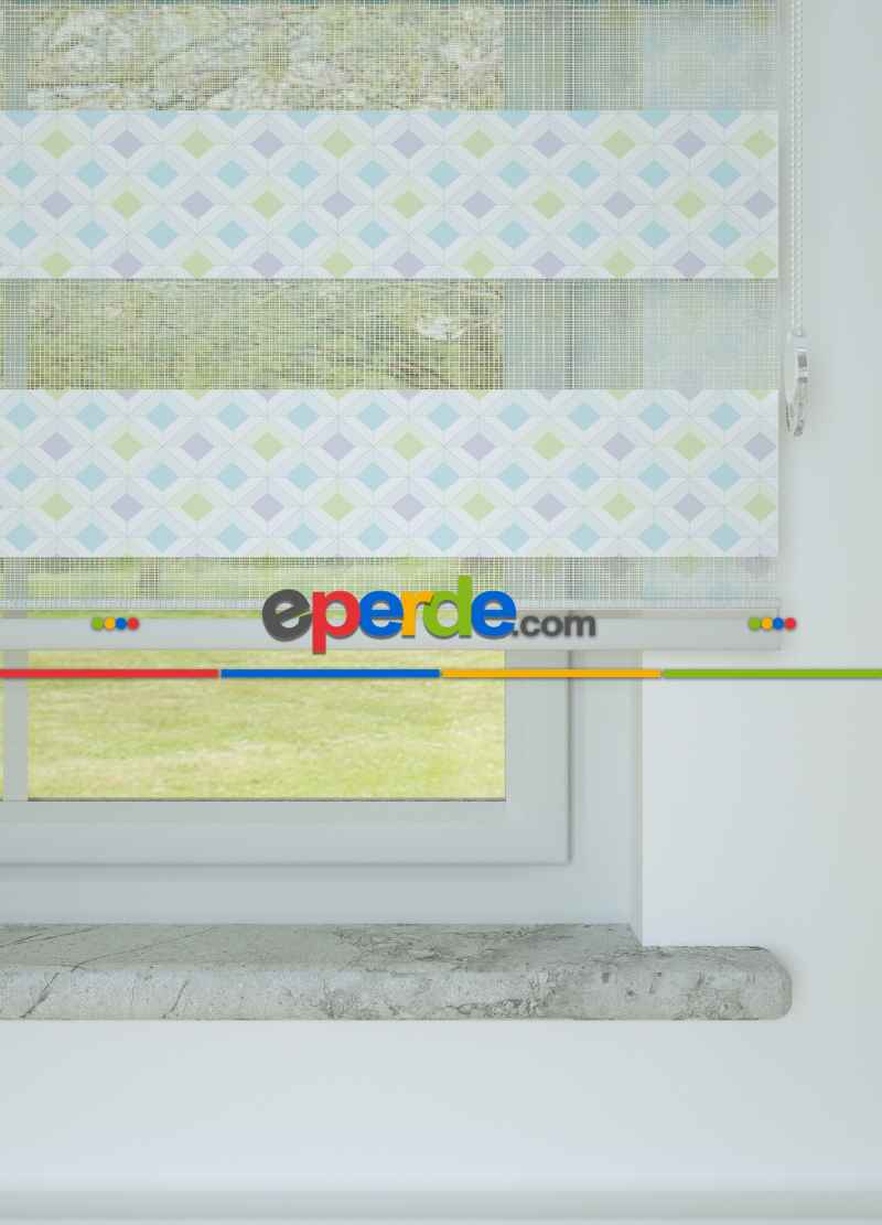 Bebek Odası - Lila Yeşil Minik Geometrik Desenli Baskılı Zebra Perde