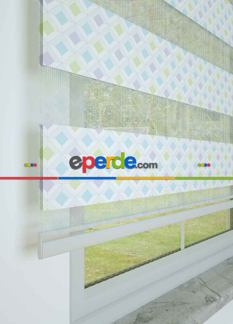 Bebek Odası - Lila Yeşil Minik Geometrik Desenli Baskılı Zebra Perde