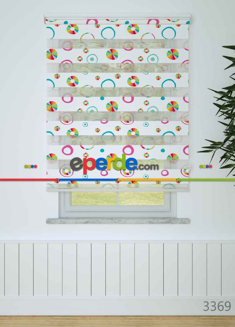 Fuşya Koyu Mint Yuvarlak Desenli Baskılı Zebra Perde