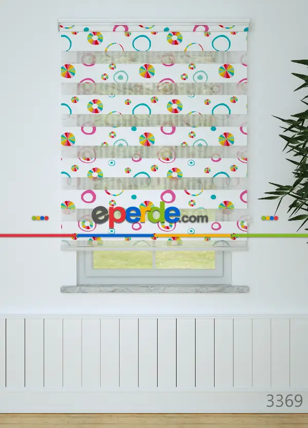 Fuşya Koyu Mint Yuvarlak Desenli Baskılı Zebra Perde