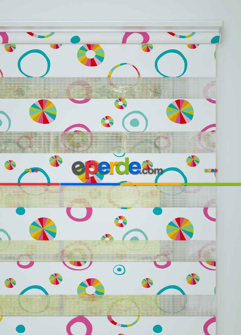 Fuşya Koyu Mint Yuvarlak Desenli Baskılı Zebra Perde