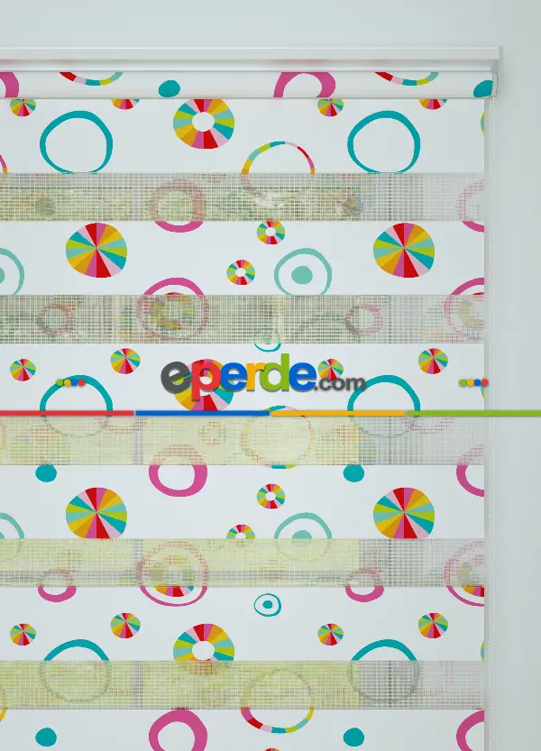 Fuşya Koyu Mint Yuvarlak Desenli Baskılı Zebra Perde