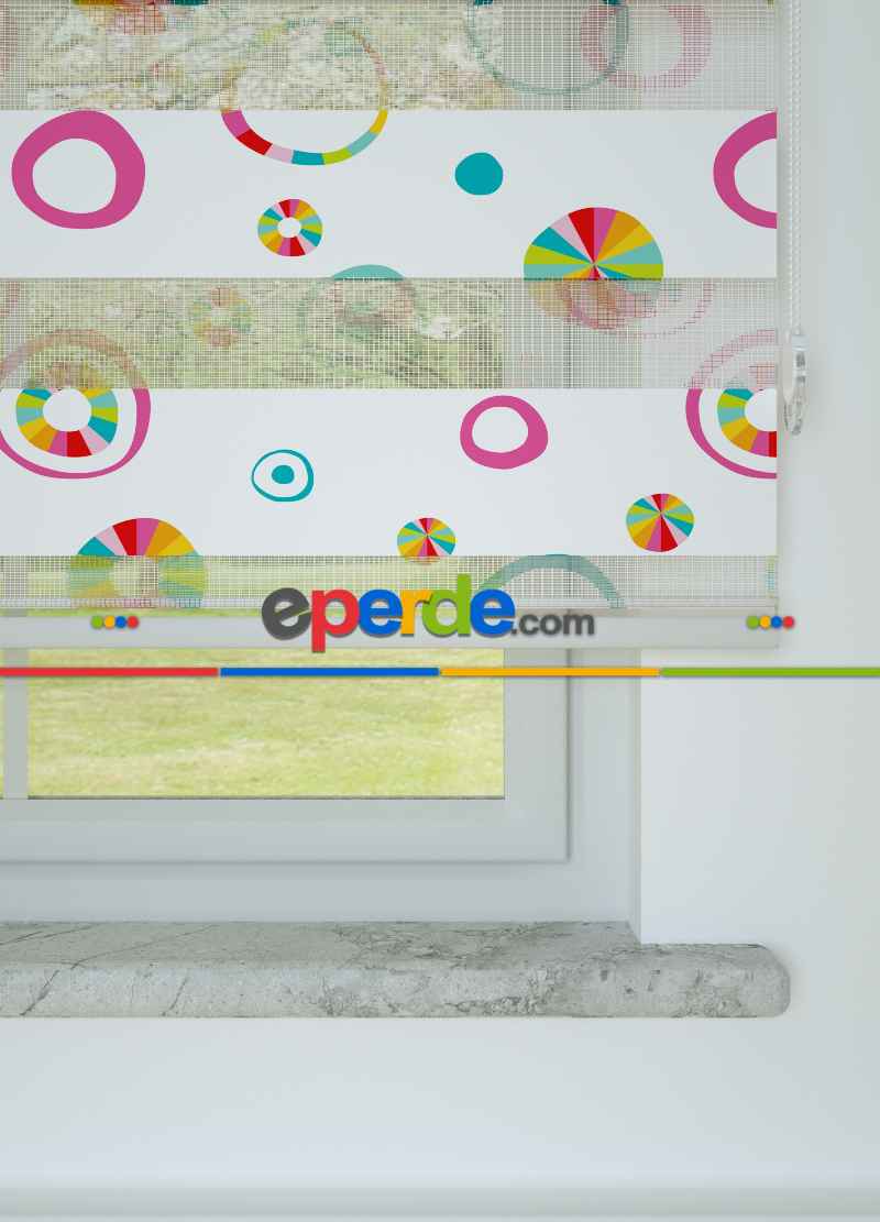 Fuşya Koyu Mint Yuvarlak Desenli Baskılı Zebra Perde