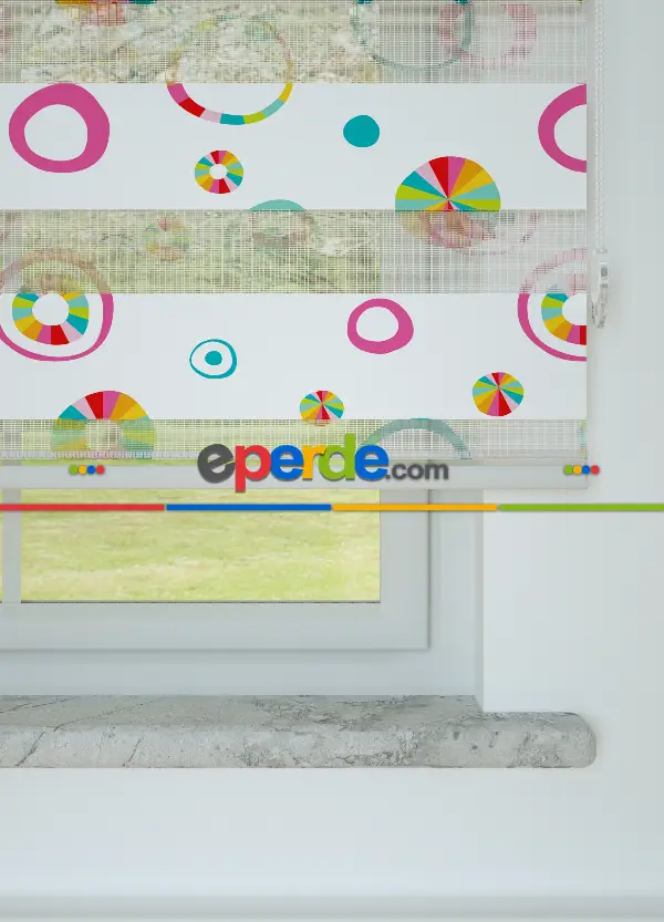 Fuşya Koyu Mint Yuvarlak Desenli Baskılı Zebra Perde