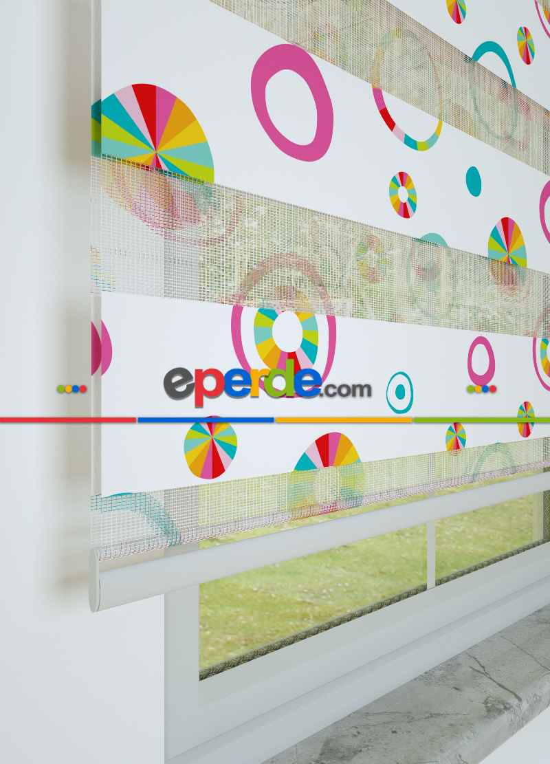 Fuşya Koyu Mint Yuvarlak Desenli Baskılı Zebra Perde