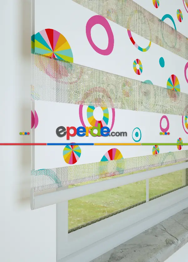 Fuşya Koyu Mint Yuvarlak Desenli Baskılı Zebra Perde