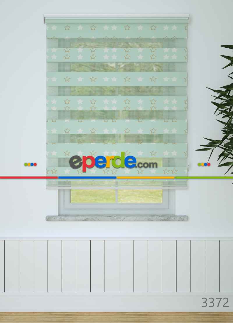 Çocuk Odası - Mint Yıldız Desenli Baskılı Zebra Perde