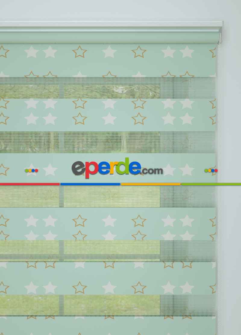 Çocuk Odası - Mint Yıldız Desenli Baskılı Zebra Perde