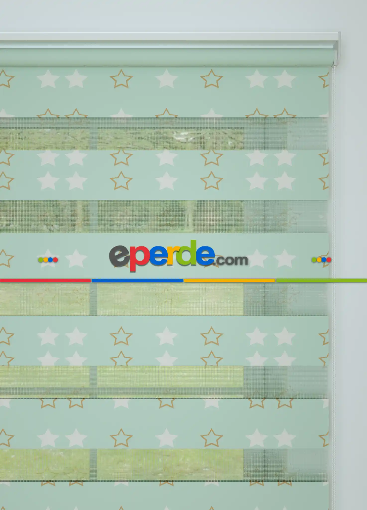 Mint Yıldız Desenli Baskılı Zebra Perde