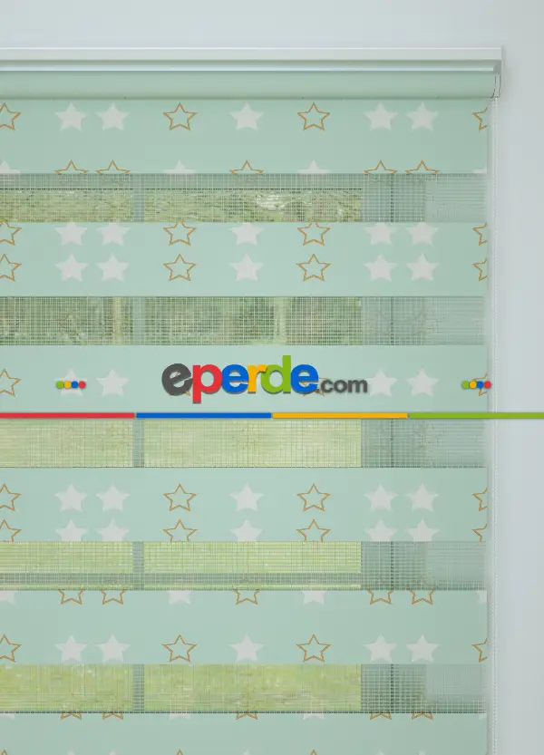 Mint Yıldız Desenli Baskılı Zebra Perde