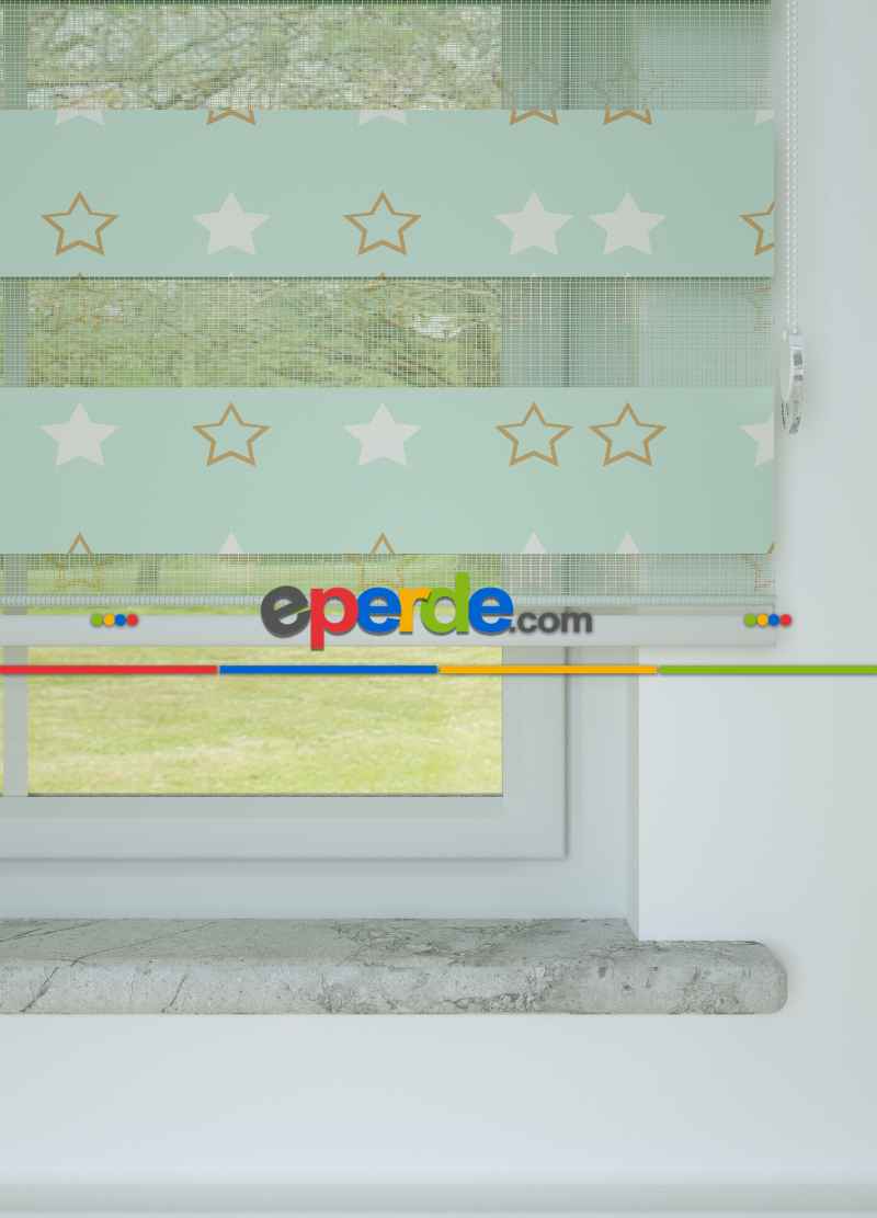 Çocuk Odası - Mint Yıldız Desenli Baskılı Zebra Perde