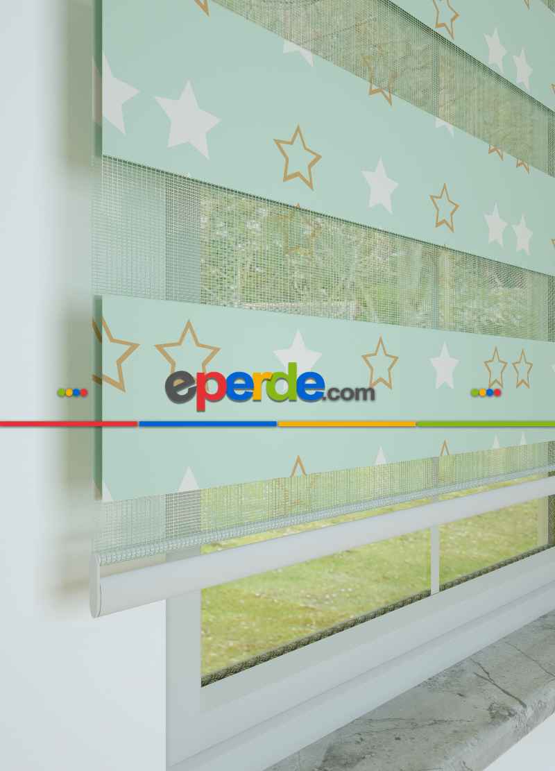 Çocuk Odası - Mint Yıldız Desenli Baskılı Zebra Perde