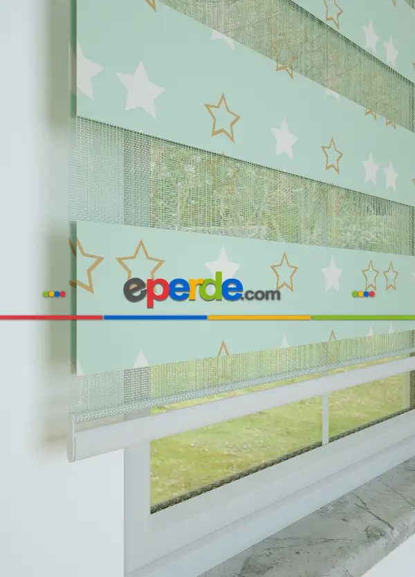 Mint Yıldız Desenli Baskılı Zebra Perde