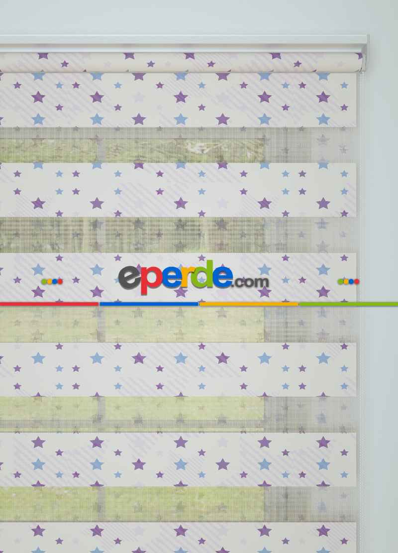 Bebek Odası - Lila Mavi Yıldız Desenli Baskılı Zebra Perde