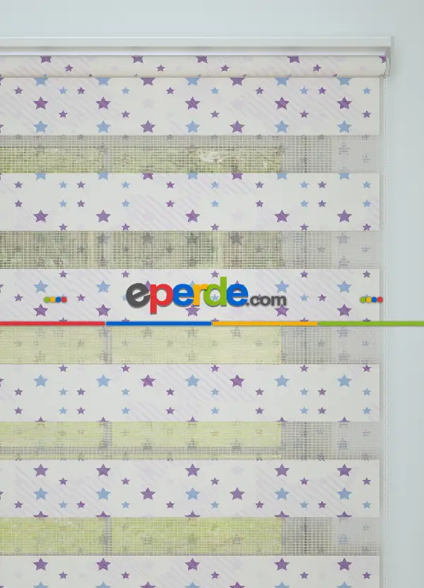 Lila Mavi Yıldız Desenli Baskılı Zebra Perde