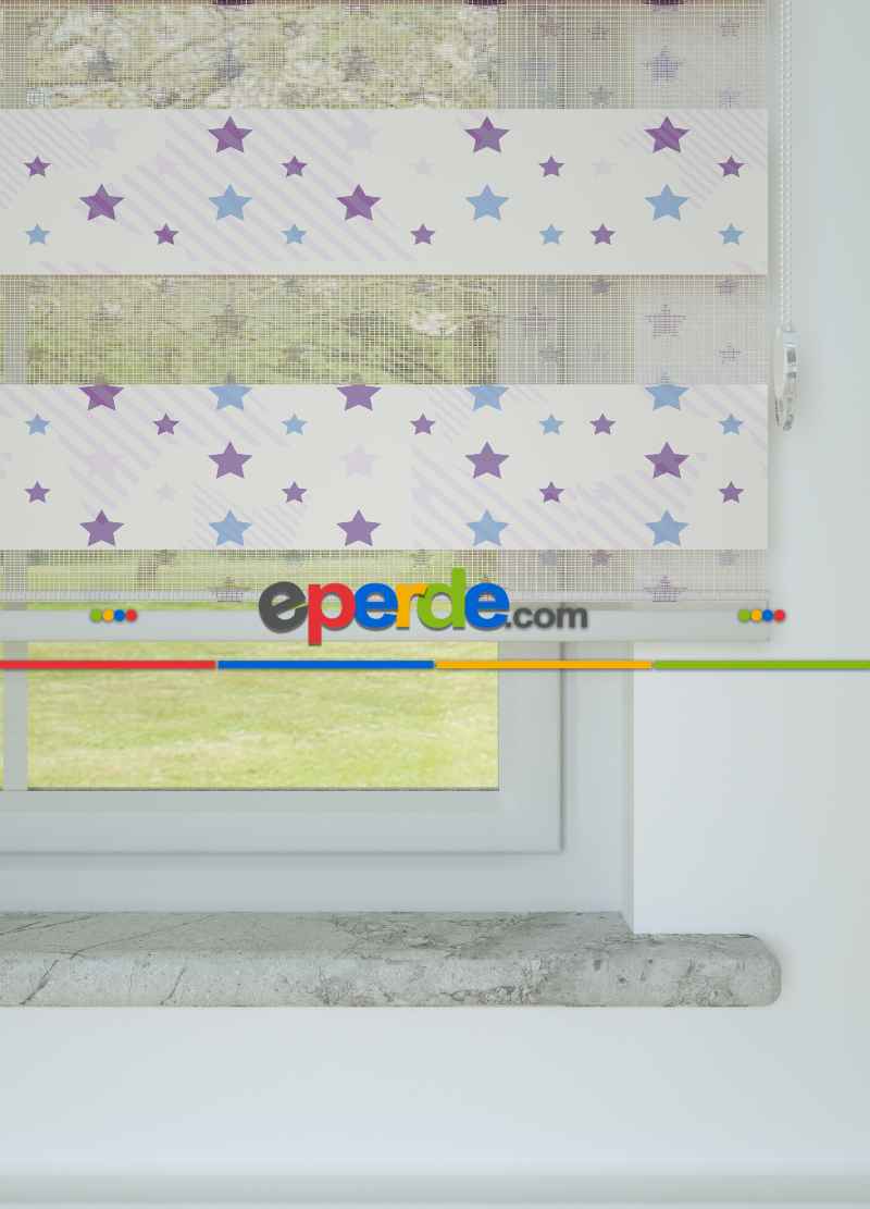 Bebek Odası - Lila Mavi Yıldız Desenli Baskılı Zebra Perde