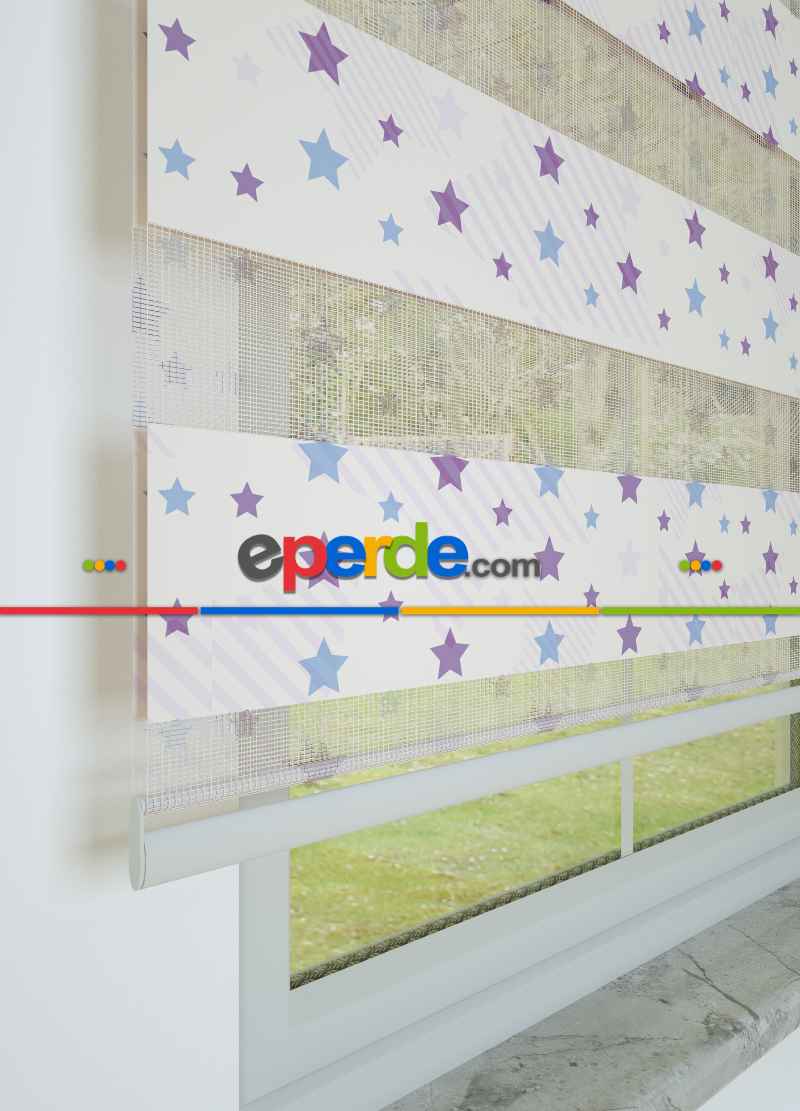 Bebek Odası - Lila Mavi Yıldız Desenli Baskılı Zebra Perde