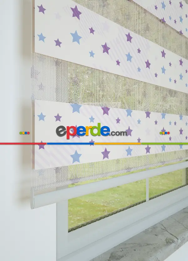 Lila Mavi Yıldız Desenli Baskılı Zebra Perde