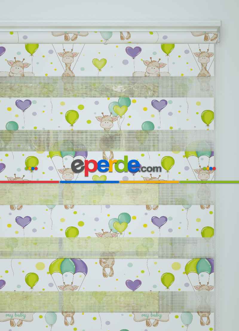 Bebek Odası - Yeşil Mor Balon Ve Zürafa Desenli Baskılı Zebra Perde