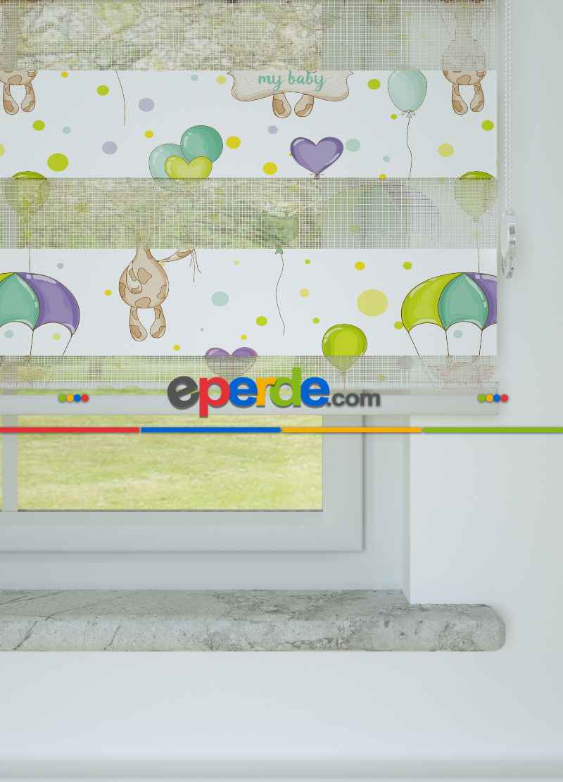 Bebek Odası - Yeşil Mor Balon Ve Zürafa Desenli Baskılı Zebra Perde