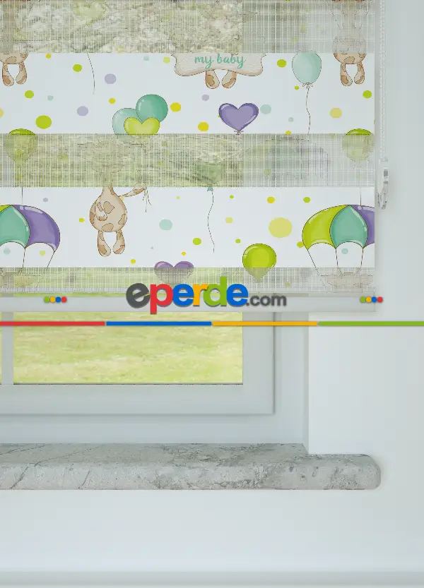 Yeşil Mor Balon Ve Zürafa Desenli Baskılı Zebra Perde