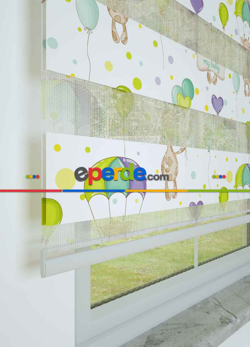 Bebek Odası - Yeşil Mor Balon Ve Zürafa Desenli Baskılı Zebra Perde