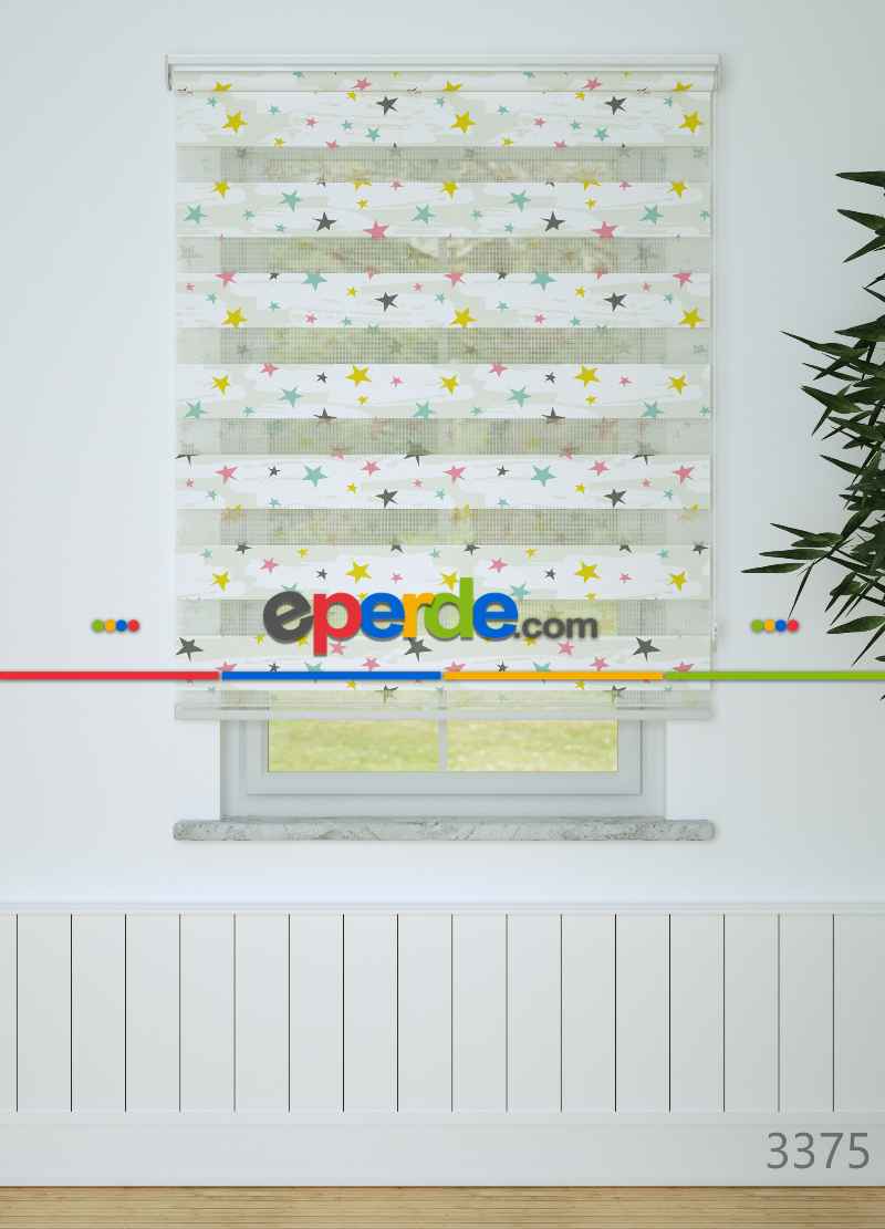 Bebek Odası - Sarı Pembe Yıldız Desenli Baskılı Zebra Perde