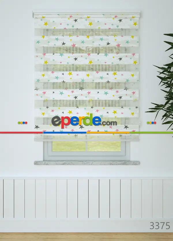 Sarı Pembe Yıldız Desenli Baskılı Zebra Perde