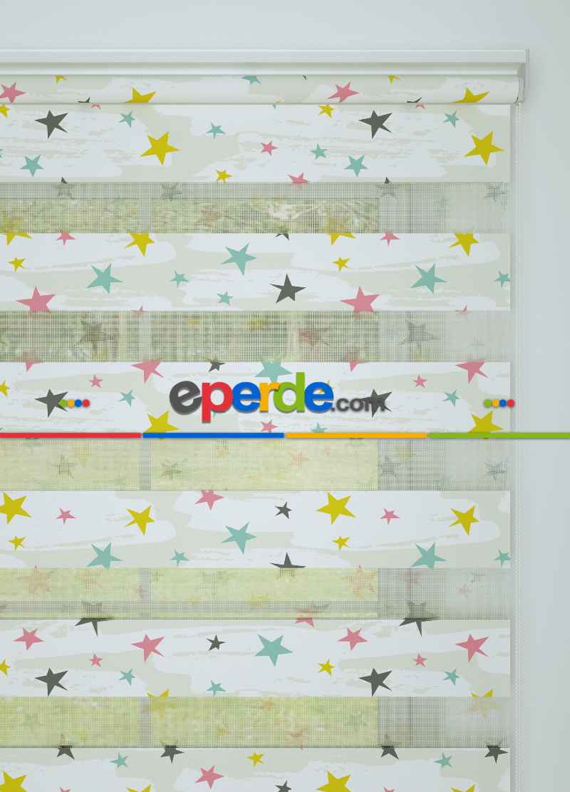 Bebek Odası - Sarı Pembe Yıldız Desenli Baskılı Zebra Perde