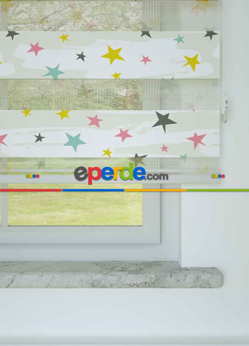 Bebek Odası - Sarı Pembe Yıldız Desenli Baskılı Zebra Perde