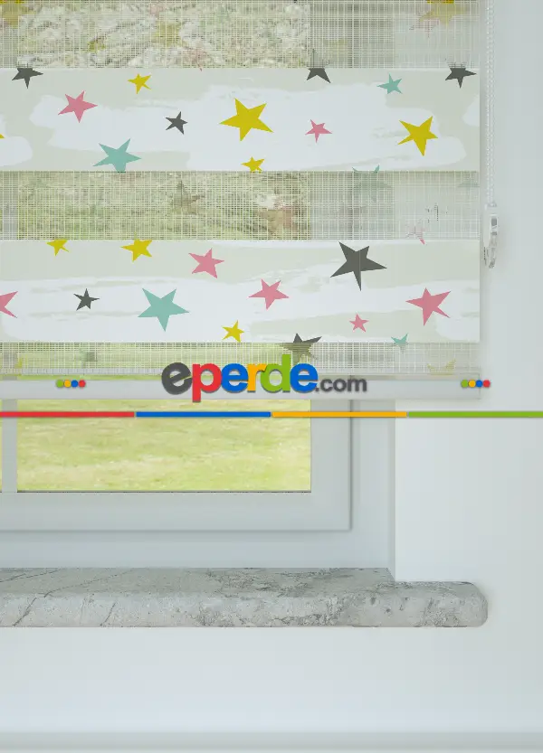 Sarı Pembe Yıldız Desenli Baskılı Zebra Perde