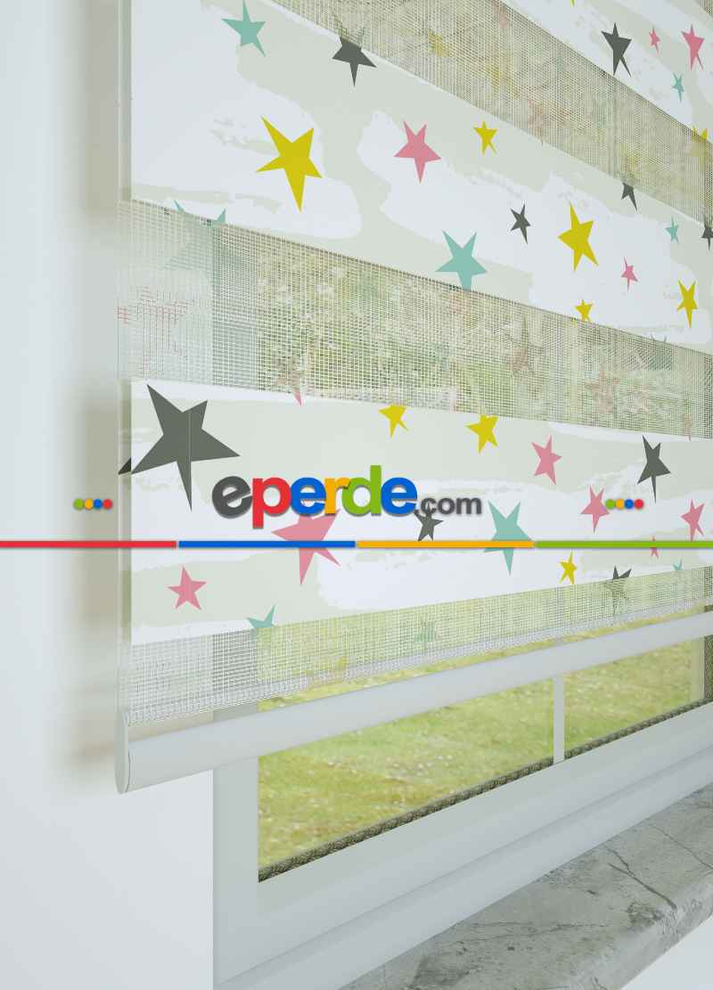 Bebek Odası - Sarı Pembe Yıldız Desenli Baskılı Zebra Perde