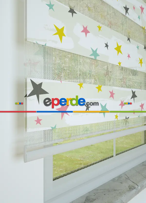 Sarı Pembe Yıldız Desenli Baskılı Zebra Perde