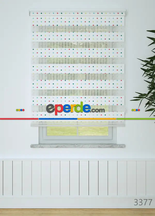 Yeşil Sarı Minik Geometrik Desenli Baskılı Zebra Perde