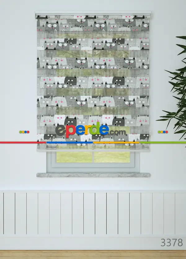 Çocuk Odası - Gri Kedi Desenli Baskılı Zebra Perde