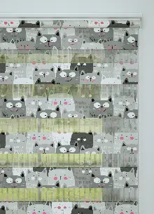 Çocuk Odası - Gri Kedi Desenli Baskılı Zebra Perde