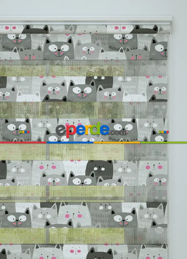 Çocuk Odası - Gri Kedi Desenli Baskılı Zebra Perde