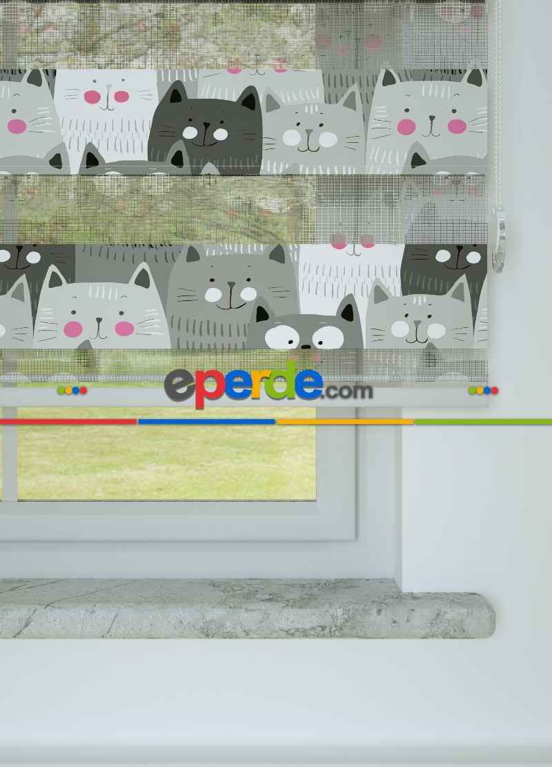 Gri Kedi Desenli Baskılı Zebra Perde