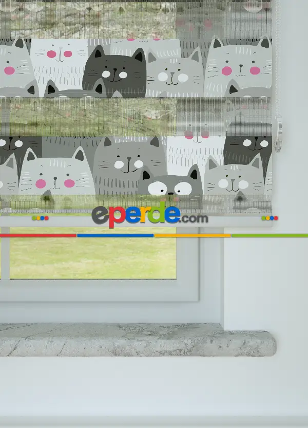 Çocuk Odası - Gri Kedi Desenli Baskılı Zebra Perde