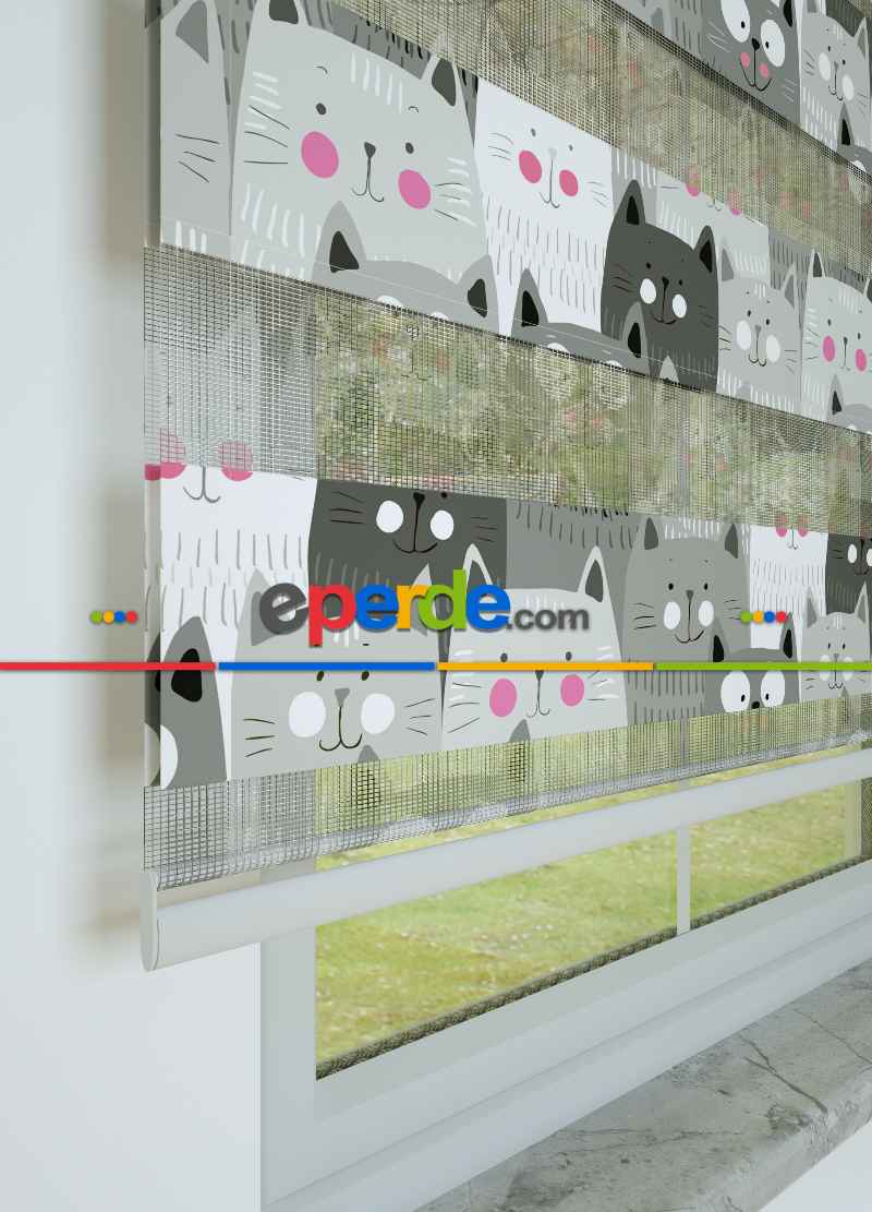 Gri Kedi Desenli Baskılı Zebra Perde