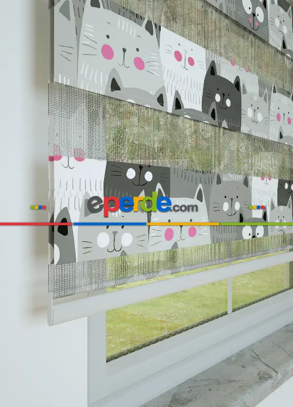 Çocuk Odası - Gri Kedi Desenli Baskılı Zebra Perde