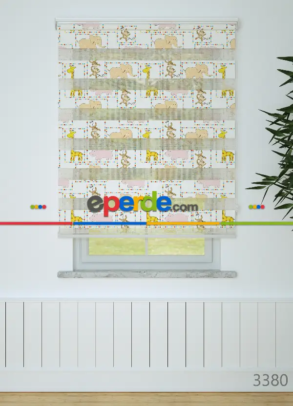 Sarı Pembe Zürafa Ve Maymun Desen Baskılı Zebra Perde