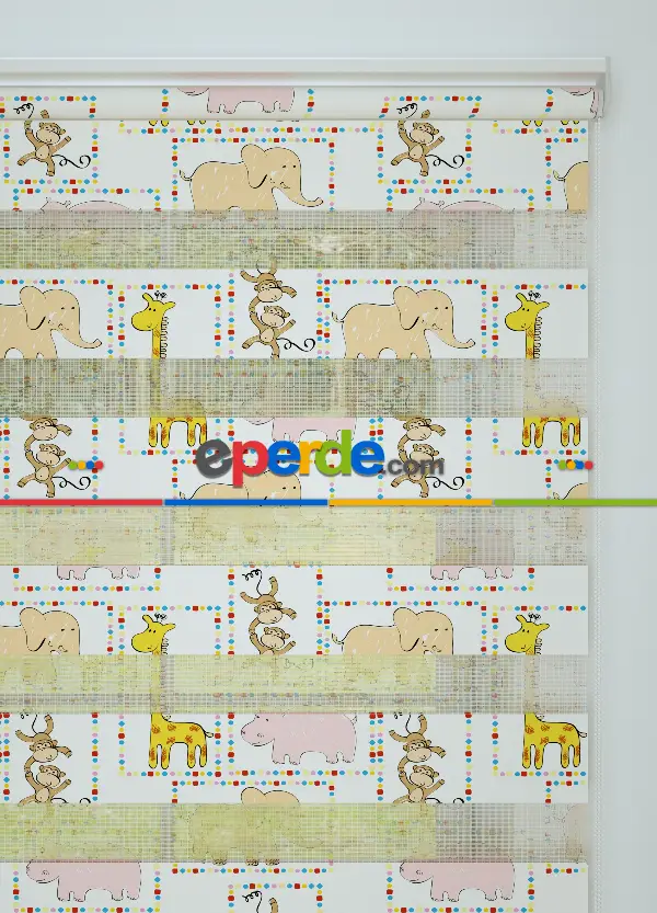 Sarı Pembe Zürafa Ve Maymun Desen Baskılı Zebra Perde