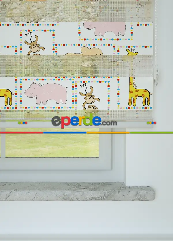 Sarı Pembe Zürafa Ve Maymun Desen Baskılı Zebra Perde
