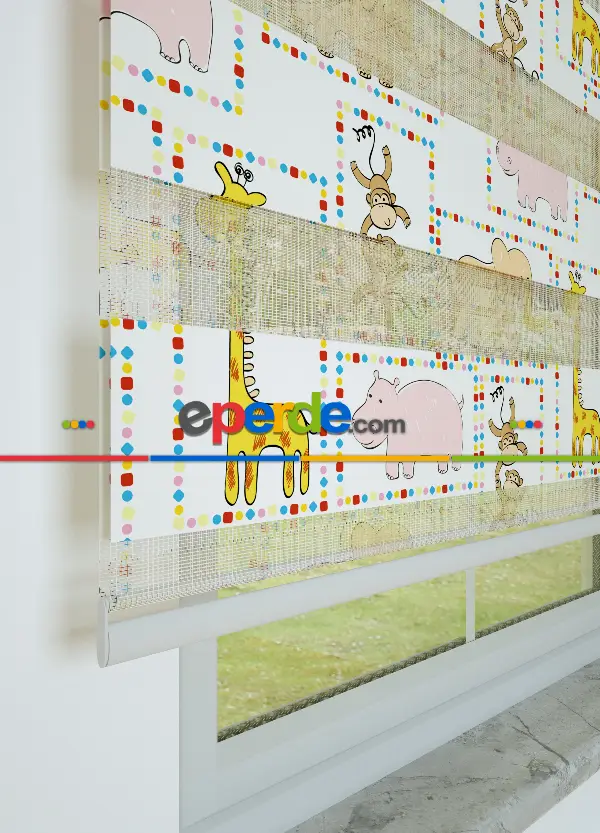 Sarı Pembe Zürafa Ve Maymun Desen Baskılı Zebra Perde